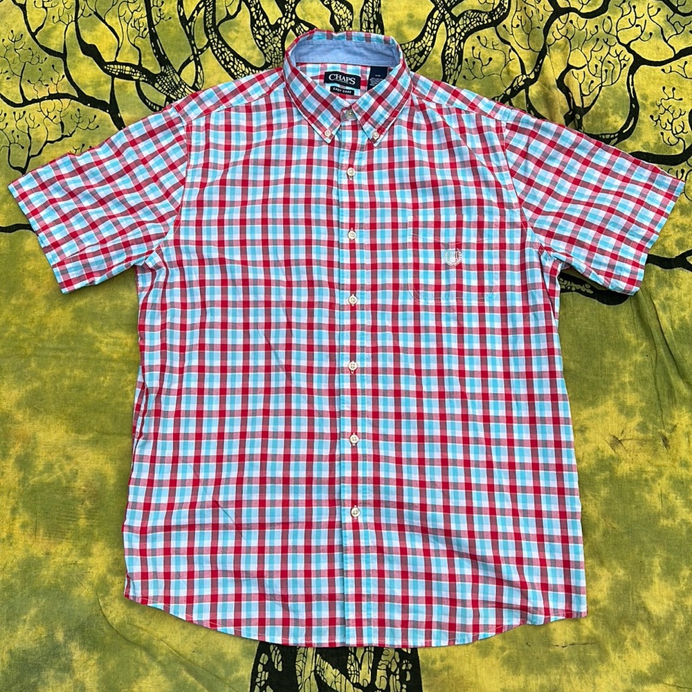 Chaps Italian Ice Short Sleeve Button Down Shirt Cherry White Red & Blue Size L